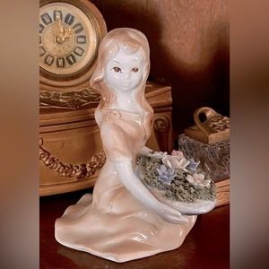 Vintage Girl Holding Basket of Flowers Figurine